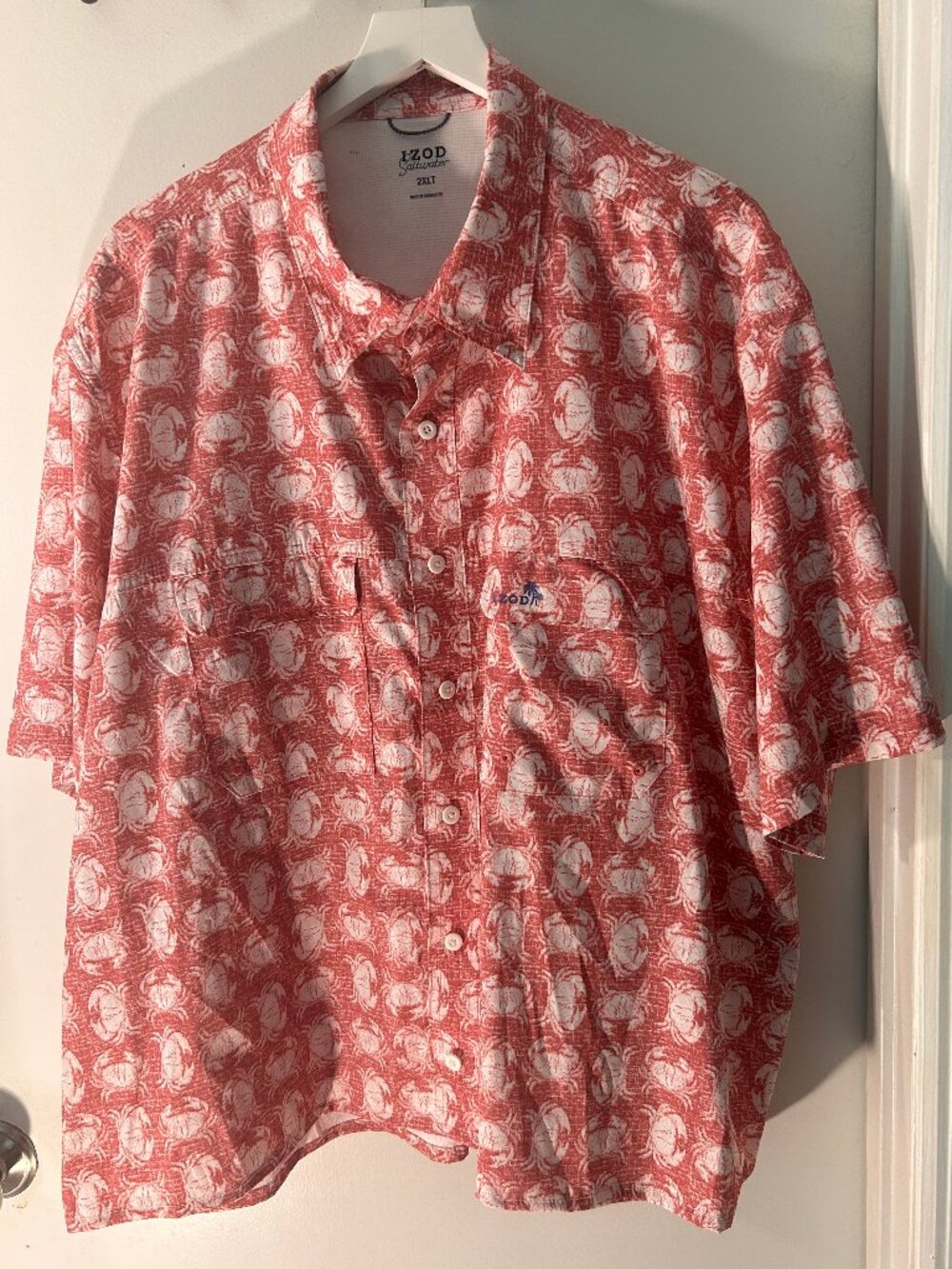 IZOD Saltwater 2XLT Crab Print Fishing Shirt Coral Performance Button-Up
